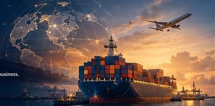 Container ship, air cargo and connected global trade routes at sunset